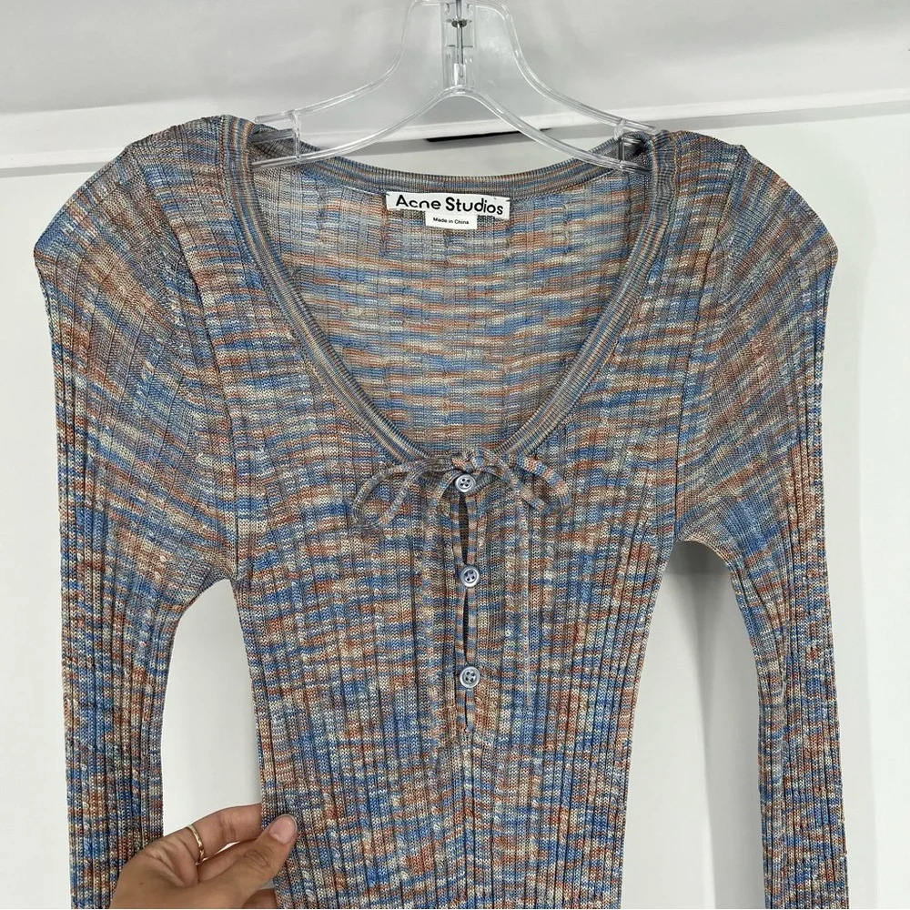 Acne Studios Kadley Grey Bow Front Ribbed Striped Sheer Knit Maxi Dress Small - Picture 4 of 10